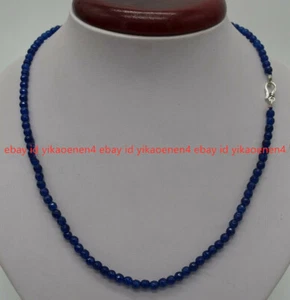 Natural 4mm Faceted Blue Sapphire Round Gems Necklace 18'' Silver Clasp - Picture 1 of 12