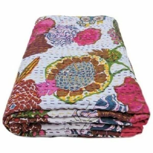 Flora Print Kantha Quilt Bedding Indian Handmade Bedspread Throw Gudri Blanket - Picture 1 of 4