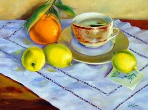 Dipinto olio originale da collezione di "Arancia, Limone e Tè", natura morta di frutta - Foto 1 di 8