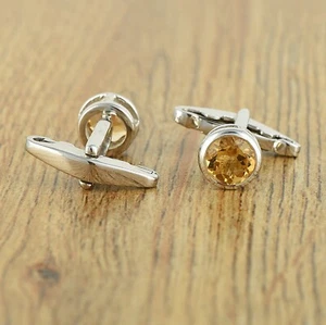 Natural Yellow Citrine Gemstone Silver Round Gemstone Men's Cufflinks Jewelry - Picture 1 of 3