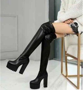 Botas Rodilla Plataforma Cuña 15CM Negro Cómodo Piel Sintético 9243 - Imagen 1 de 4