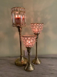 SET OF 3 VOTIVE CANDLE HOLDERS WITH PRISMS BRASS COLORED METAL - Picture 1 of 6