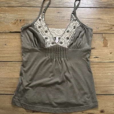 Camisola Tanque Vintage Y2K Babydoll Borde Encaje S Hada Coqueta Cuentas Verde Oliva Foto 1 de 4
