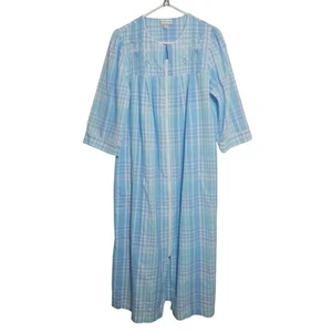 Miss Elaine Seersucker Long Robe Blue Plaid Floral Medium Loungewear Nightgown - Picture 1 of 10