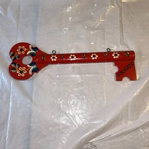 Vintage Swedish Wood Red Hand Painted Key Holder 5 Hooks - Bild 1 von 5