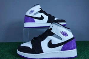 Air Jordan 1 Mid Shoes Boys Size 6Y White Black Purple BQ6931-105 Retro Youth OG - Picture 1 of 8