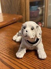 Vintage Flocked Plaster Bobble Head White Spotted Dog Glass Eyes Nodder