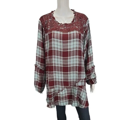 LOGO Lavish by Lori Goldstein Woven Plaid Print Blouse Lace Detail 3X Plus Size - Image 1 of 4