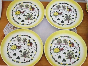 Vintage Salem Grant Crest COUNTRY CHARM Yellow Farm 10" Dinner Plates ~Set of 4 - Picture 1 of 6