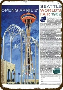 1962 SEATTLE Weltausstellung Space Needle öffnet DEKORATIVES REPLIKAT METALLSCHILD - Bild 1 von 1