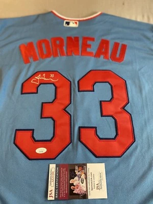 MINNESOTA TWINS- JUSTIN MORNEAU AUTOGRAPH #33 BLUE NIKE JERSEY JSA AX31500 - Image 1 of 4