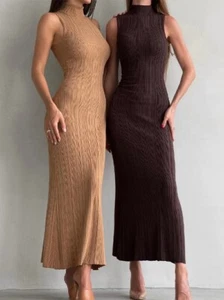 Knitted Dress 2024 Spring Summer Maxi Turtleneck Sleeveless Sheath Long Dress - Picture 1 of 25