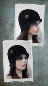 handmade womans crochet bucket flower hat brim metallic black - Picture 1 of 3