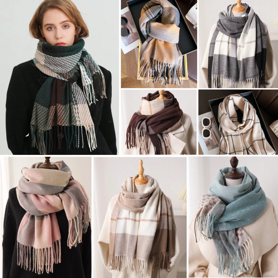 Women Winter Cashmere Blend Scarf Wool Plaid Scarf Warm Long Soft Scarf Shawl UK