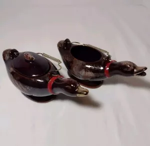 Vintage Redware Brown Drip Pottery Duck Goose Cream And Sugar - Picture 1 of 7