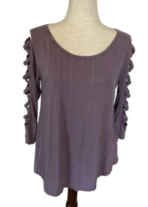 Jennifer Lopez Top Sz M Slit Geometric Sleeve Purple Silver Retro Stripe Sparkle - Picture 1 of 11