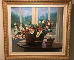 Heddy Kun Flower Basket Oil On Canvas Framed with COA 28x34 Israel - Picture 1 of 11