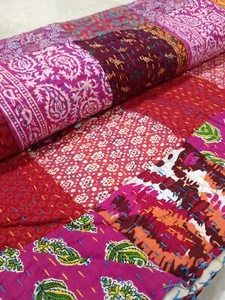 Indian multicolor Print Kantha Quilt Patchwork Bedspread King Size Blanket Art - Picture 1 of 13