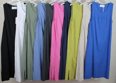 Ladies Summer Italian Plain Long 2 Pocket Cotton & Linen Sleevless Dress - Image 1 of 3
