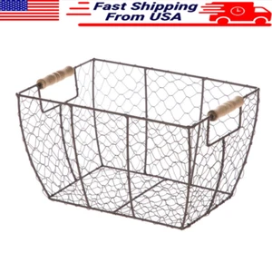 Brown Wooden Handle Wire Basket Living Room Bathroom Open Wire Design Portable - Picture 1 of 7