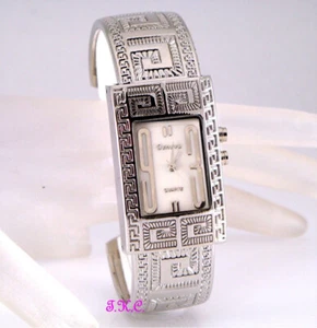 Déco Greek Key Mosaïque, Vintage Rhodium Plaqué Argent Bracelet, S'Allume Montre - Imagen 1 de 8