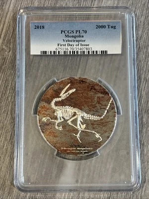 2018- Mongolia- 3 oz Velociraptor- 2000 Tug-PCGS- PL70- FDOI- POP 188 - Image 1 of 2