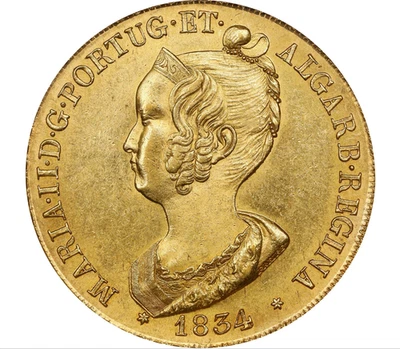 1834 PORTUGAL PECA (6400 Arroz) María II ORO NGC MS 63 Foto 1 de 4