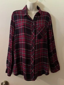 Beach Lunch Lounge Maroon Plaid Long Sleeve Button Up Shirt SZ M 100% Rayon - Picture 1 of 12