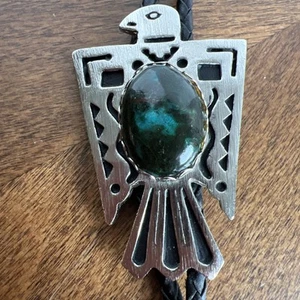 Thunderbird Eagle Bolo Tie Polished Stone Black Inlay Silver Tone - Picture 1 of 4