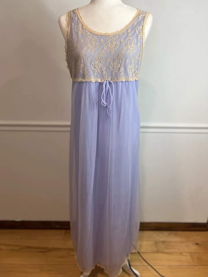 Винтажная ночная рубашка Aristocraft синяя кружевная средний размер 1960-е ретро прозрачная подкладка - Изображение 1 из 4