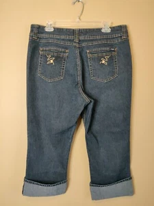 Angels women's 34"W x 21"I denim capri zip cuffed leg ends 5 pockets embroidered - Picture 1 of 6