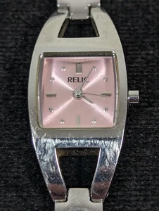 Relic Pink Dial Silver Tone Rectangle Case Link Bracelet Band Watch 7 Inch Woman - Picture 1 of 8