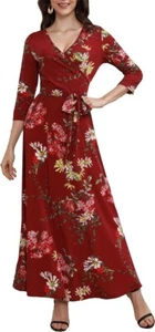 Aphratti Womens Casual Maxi Dress 3/4 Sleeve Faux Wrap V Neck Floral Print Wine - Picture 1 of 6