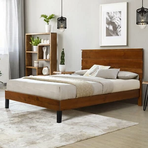 King Platform Bed Frame W/ Headboard /No Box Spring Needed /Wood Slatted Brown - Picture 1 of 9