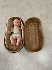 Antique Celluloid Baby Doll In Papier Mache Peanut Shell Crib Box Vtg 1920's 