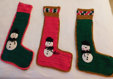Handmade Crocheted Snowman Christmas Stockings 24" long Yarn Vintage Set of 3