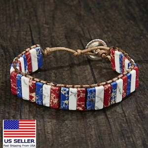 Unisex Natural Emperor Stone Bracelet American Flag Hand Made Knitted 0680 - Picture 1 of 4