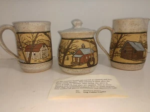 VINTAGE 1988 STONEWARE CLAY POTTERY CREAMER PICTURE SUGAR BOWL WITH LID & MUG - Picture 1 of 12