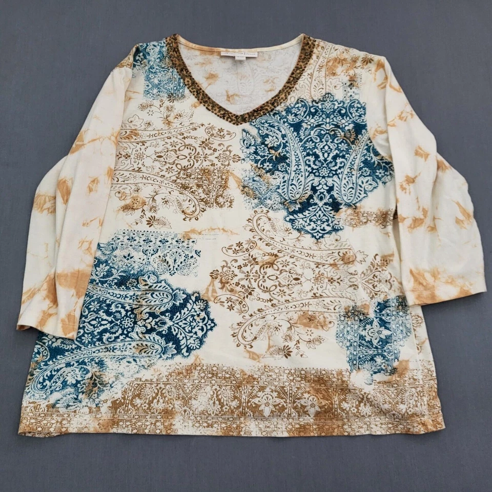 JM Collection Shirt Womens Peite PL 3/4 Sleeve V Neck Pullover Paisley Beige - Image 1 of 4