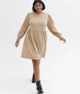 NewLook Curves Camel Crinkle Jersey Stretch Long Sleeve Mini Smock Dress Size 26 - Picture 1 of 4