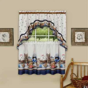 PRECIOUS PRINTED TIER AND SWAG WINDOW CURTAIN SET 57" x 24", NAVY - Picture 1 of 2