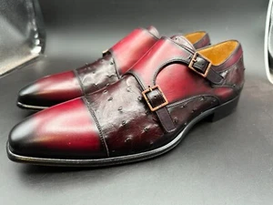 Mezlan Size 9 M Ostrich Leather Monk Burgundy Spain Shoes MEN'S - Picture 1 of 9