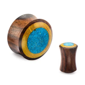 PAIR-Wood Narra w/Turquoise Saddle Flare Ear Plugs 22mm/7/8" Gauge - Picture 1 of 4