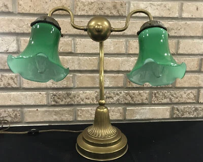 Vtg Double Green Cased Glass Shade Electric Goose Neck Student Desk Lamp Light - Image 1 of 4