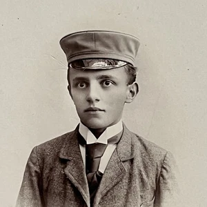 Antique CDV Photograph Young Lad Boy In Suit Tie Cap Uniform Lößnitz Germany - Picture 1 of 9