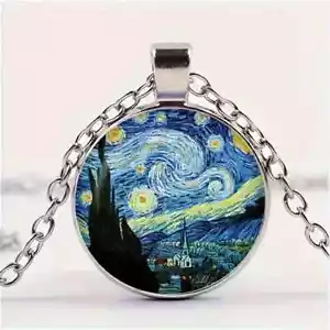 Van Gogh Painting Starry Sky Pattern Round Pendant Necklace Jewelry - Picture 1 of 5