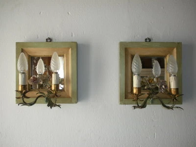 ~c 1900 Espejo Veneciano Tole Porcelana Rosas Apliques Italia Raro Verde y Amarillo~ Foto 1 de 4