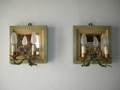 ~c 1900 Venetian Mirror Tole Porcelain Roses Sconces Italy Rare Green & Yellow~ Cover