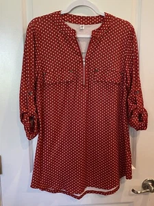 Luckymore women’s roll-tab longsleeve L Tunic, pretty white polka dots, pockets - Picture 1 of 12