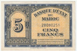 Morocco French Administration 5 Francs Banknote 1944 Choice Extra Fine Condition - Picture 1 of 2